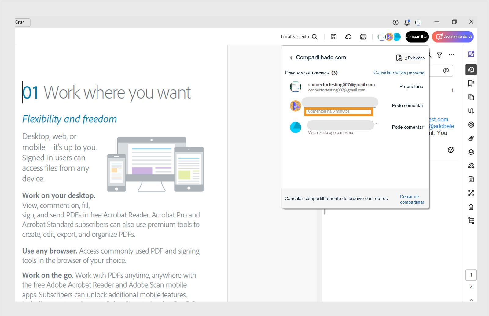 caixa de diálogo de compartilhamento mostrando a lista de usuários e suas ações recentes 
