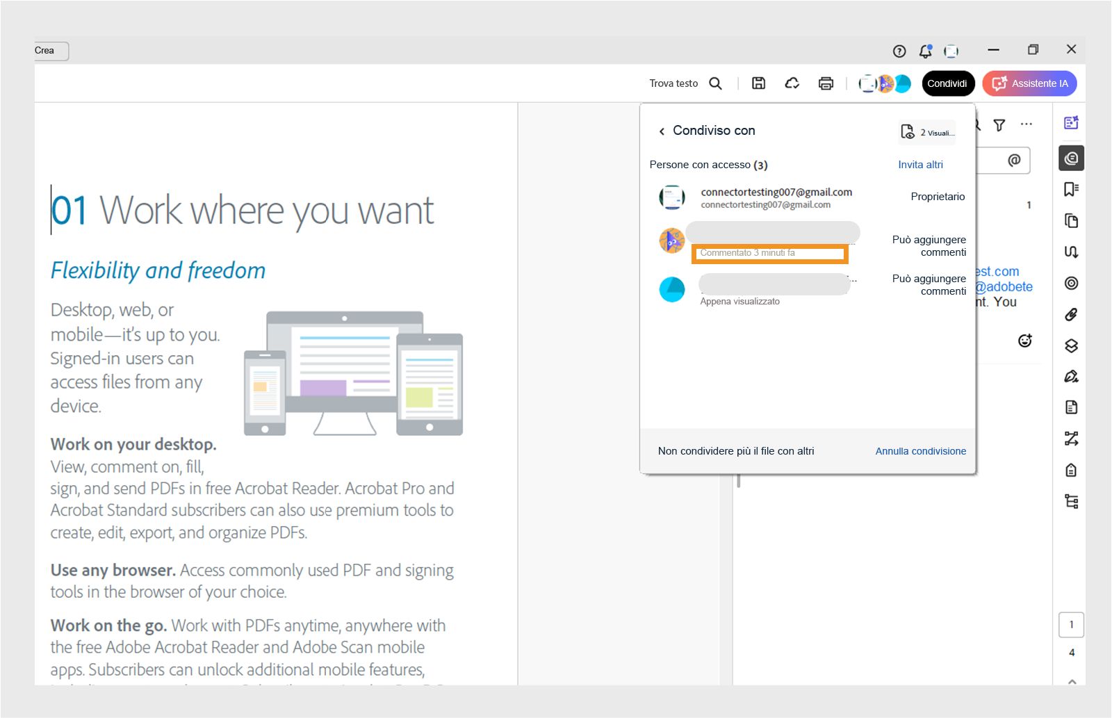 finestra di dialogo di condivisione con l’elenco degli utenti e le loro azioni recenti 