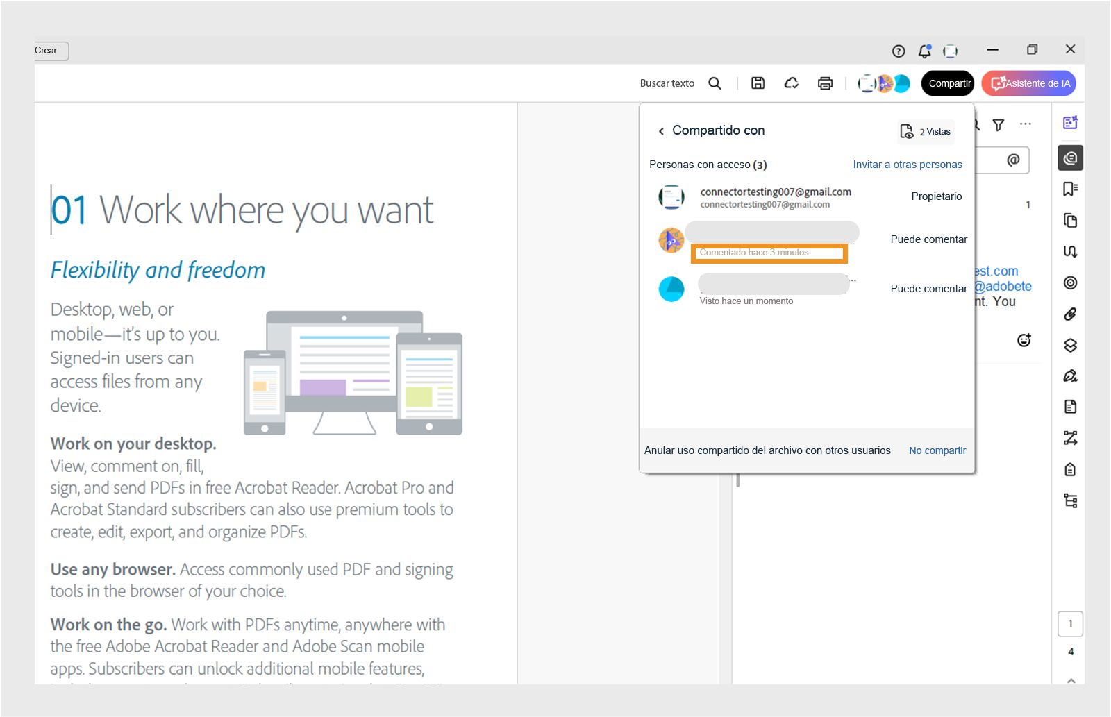 Cuadro de diálogo de compartir que muestra la lista de usuarios y sus acciones recientes 