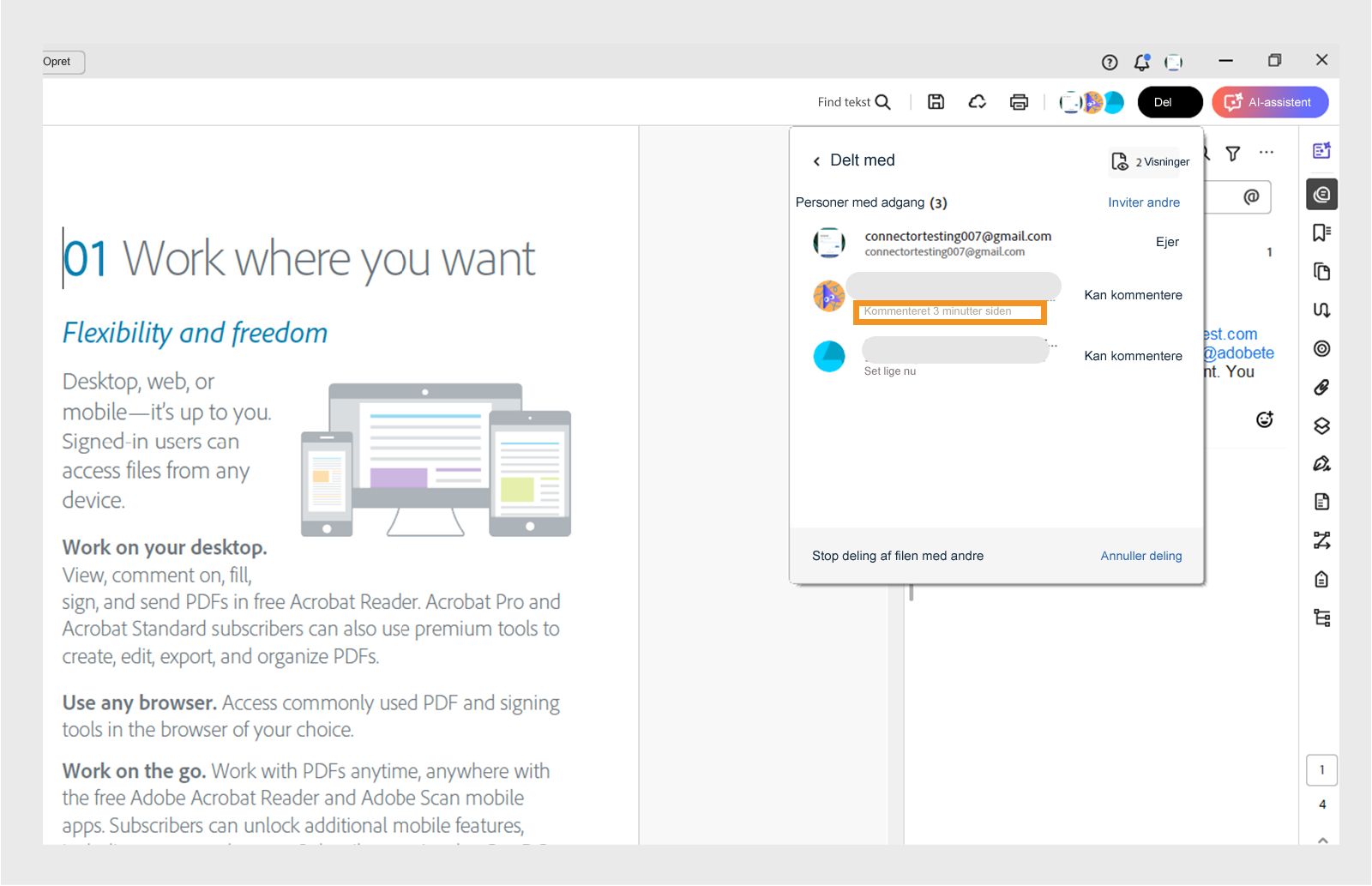 Dialogboksen Del, der viser listen over brugere og deres seneste handlinger 