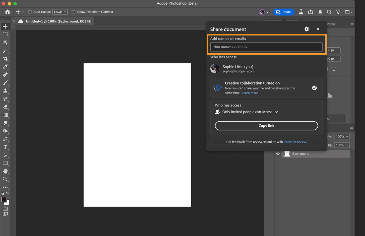 Interfejs programu Photoshop (beta) pokazujący okno dialogowe Udostępnij dokument, gdzie można wprowadzić nazwy i adresy e-mail w celu udostępnienia pliku do współpracy kreatywnej