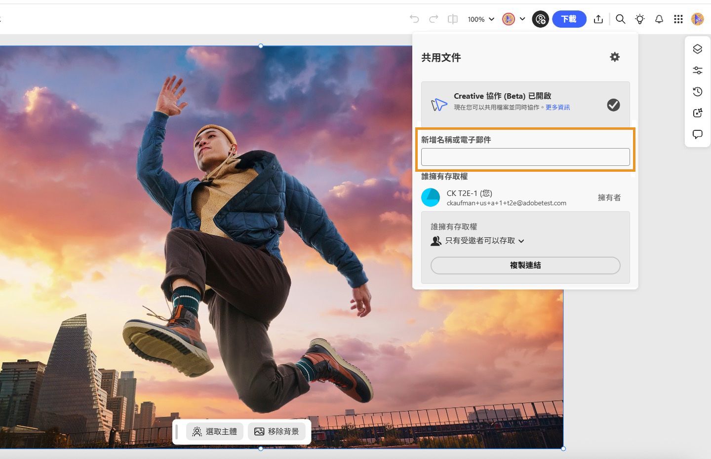 顯示「共用文件」對話框，用於新增設計合作夥伴以進行有效的共同作業。