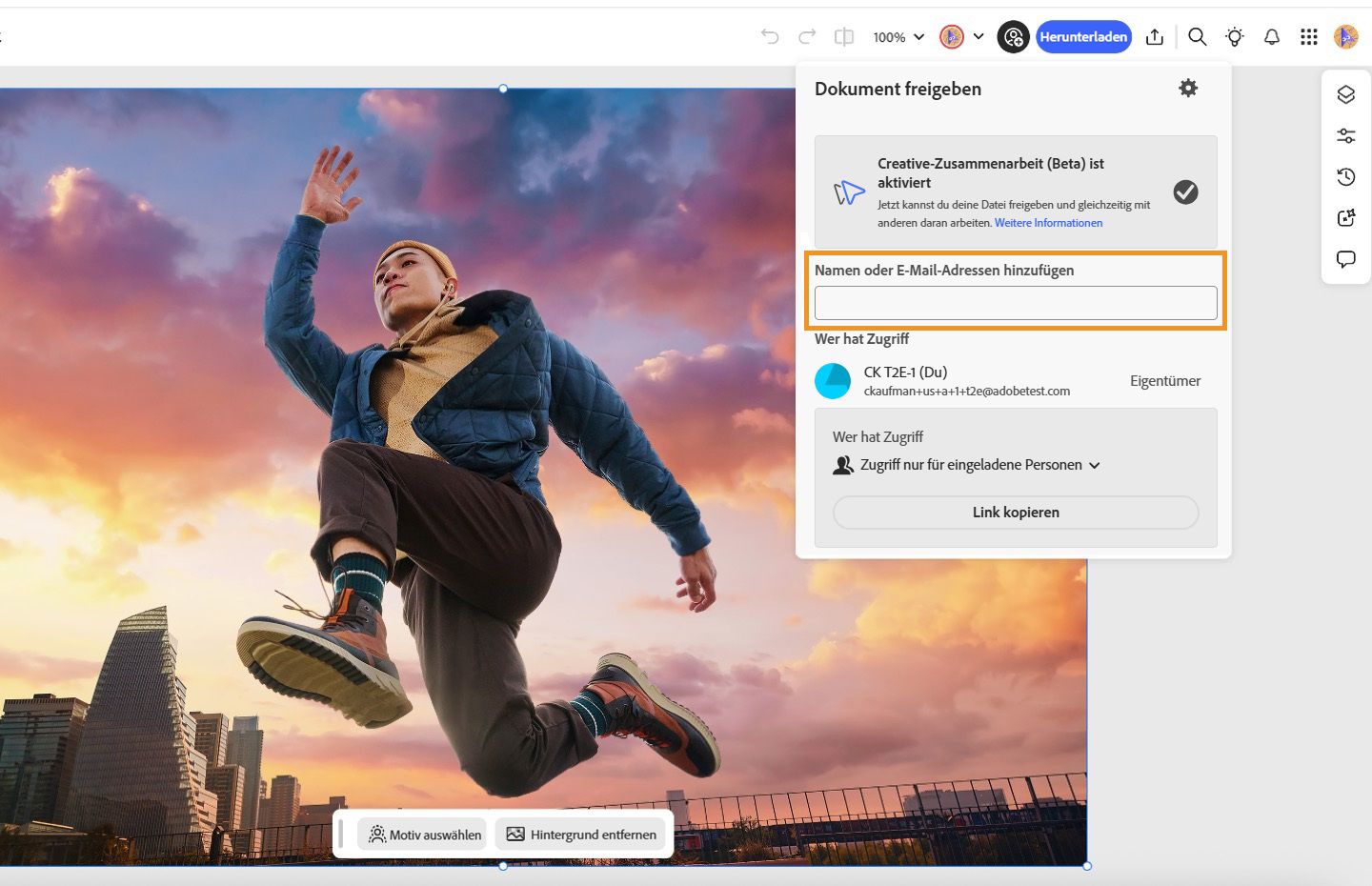 &quot;Das Dialogfeld „Dokument freigeben&quot; wird angezeigt, das zum Hinzufügen von Designpartnern für eine effektive Zusammenarbeit verwendet wird.