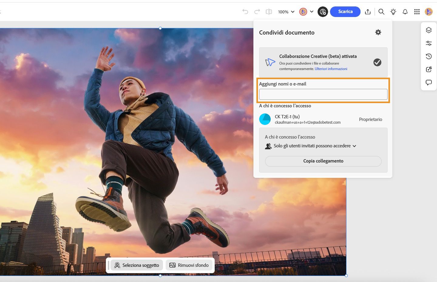 È visualizzata la finestra di dialogo Condividi documento, utilizzata per aggiungere partner di progettazione per una collaborazione efficace.