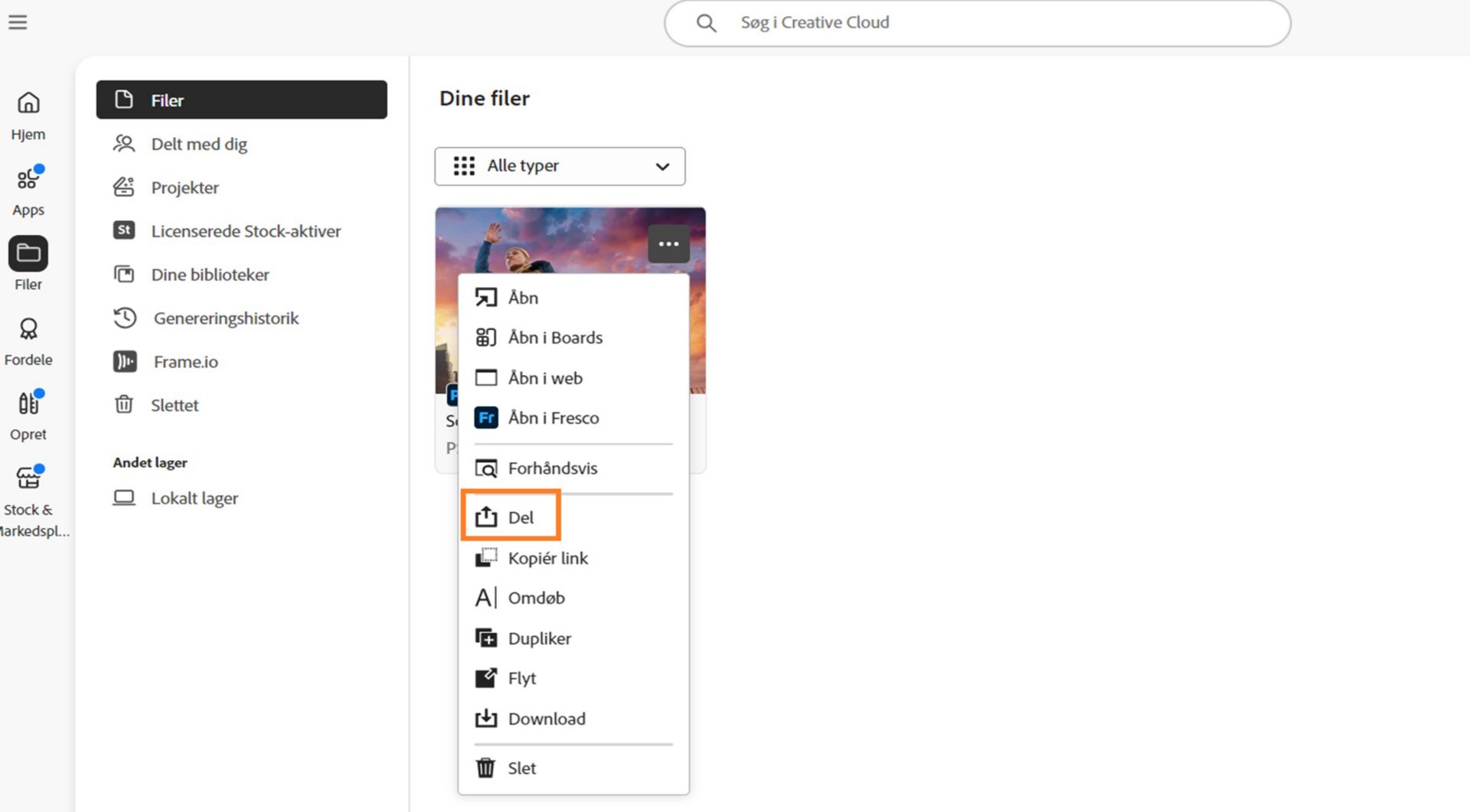 Creative Cloud-computerappen viser en menu med filindstillinger, hvor indstillingen Del er fremhævet.