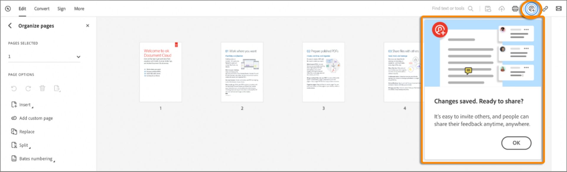 Invite de partage de fichier lorsque vous organisez des pages