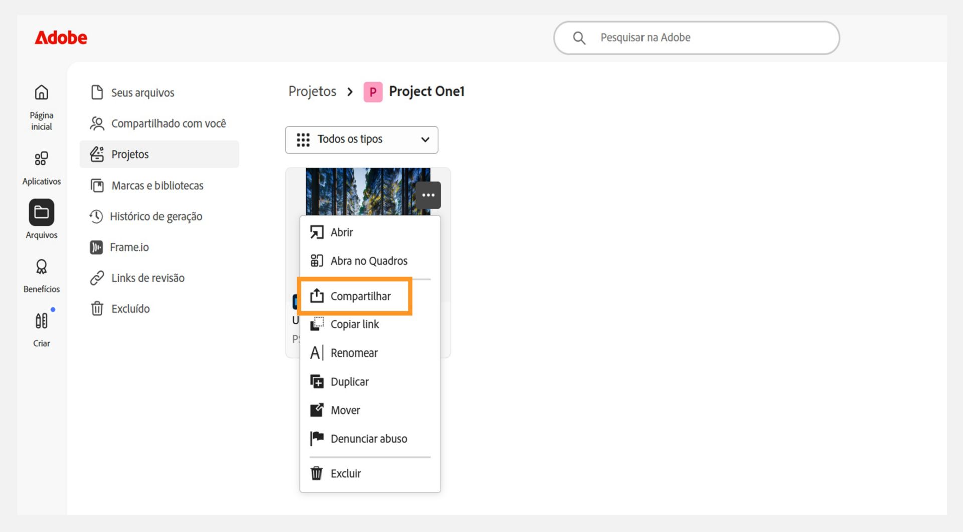 Interface da Adobe mostrando uma lista de projetos. O menu suspenso ao lado da miniatura de um projeto exibe a opção 'Compartilhar', indicando onde os usuários podem gerenciar as configurações de compartilhamento.