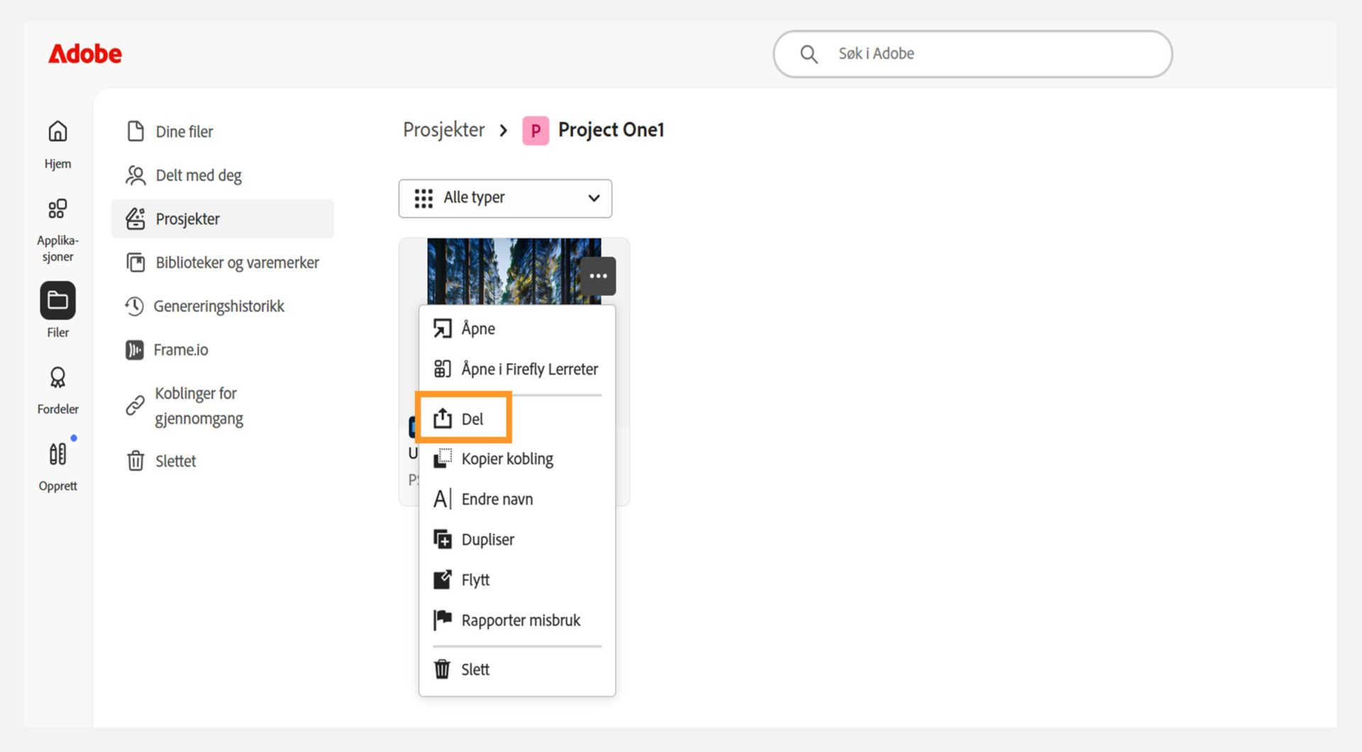 Adobe-grensesnitt som viser en liste over prosjekter. Rullegardinmenyen ved siden av et prosjektminiatyrbilde viser alternativet "Del", som indikerer hvor brukere kan administrere delingsinnstillinger.