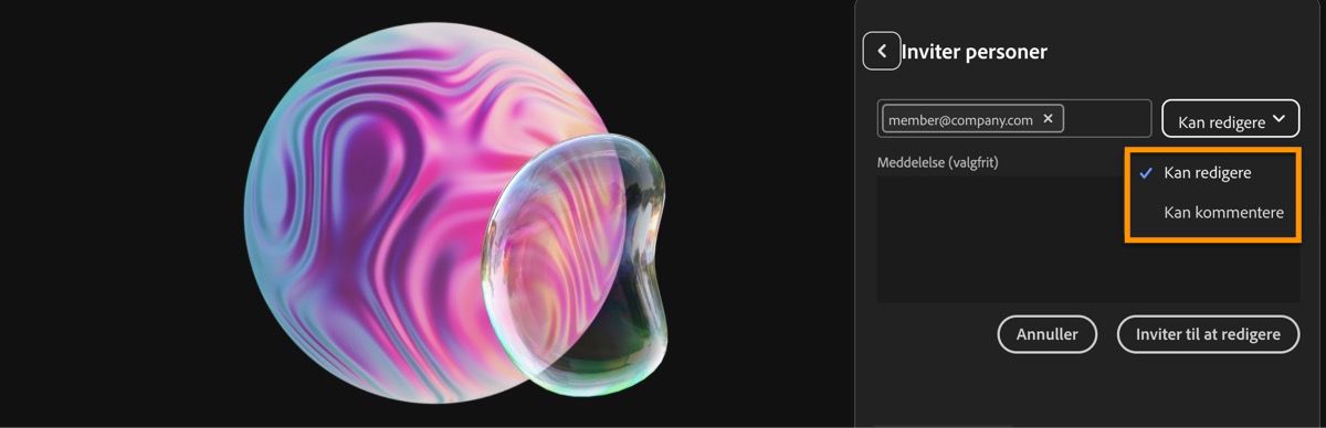 Panelet Del fil er åbent, der er tilføjet en e-mailadresse til invitationen, og du kan vælge mellem tilladelser til at redigere eller kommentere.