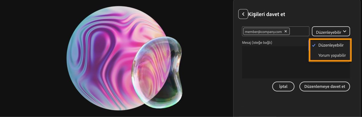 Dosya paylaşma paneli açıktır, davet için bir e-posta adresi eklenmiştir ve düzenleme veya yorum yapma izinleri arasında seçim yapabilirsiniz.