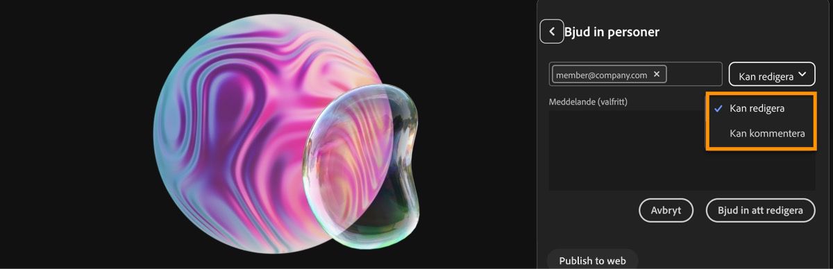 Panelen Dela fil är öppen, en e-postadress har lagts till för inbjudan och du kan välja mellan redigeringsbehörighet och behörighet att kommentera.