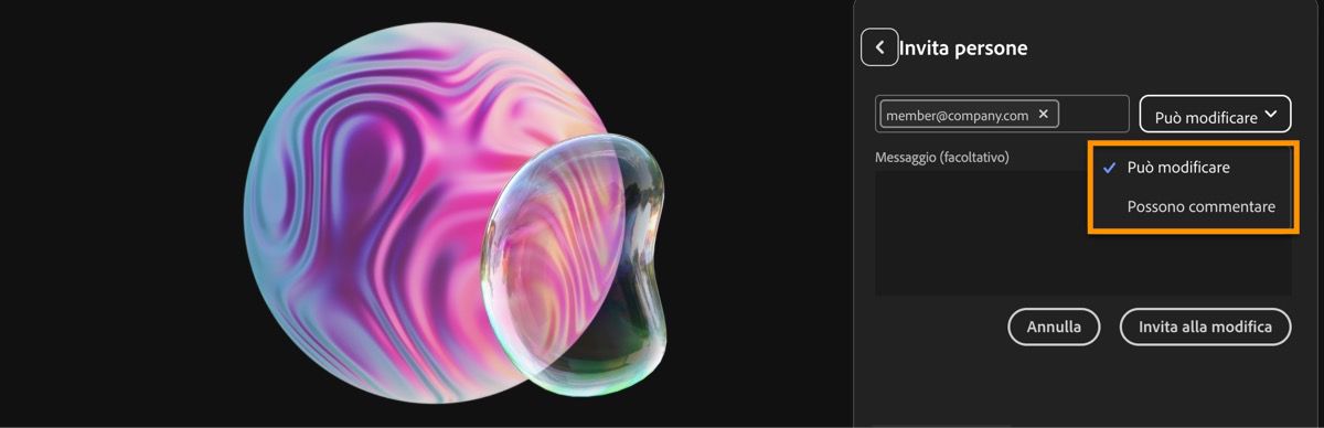 Il pannello Condividi file è aperto, è stato aggiunto un indirizzo e-mail per l’invito e puoi scegliere tra le autorizzazioni di modifica o commento.