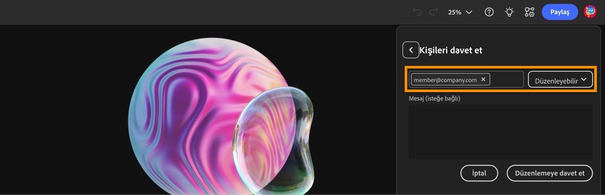Dosya paylaş paneli açıktır ve iş birliği yapan kişileri ilham panosuna davet etmek için e-posta adresleri ekleme seçeneği sunar.