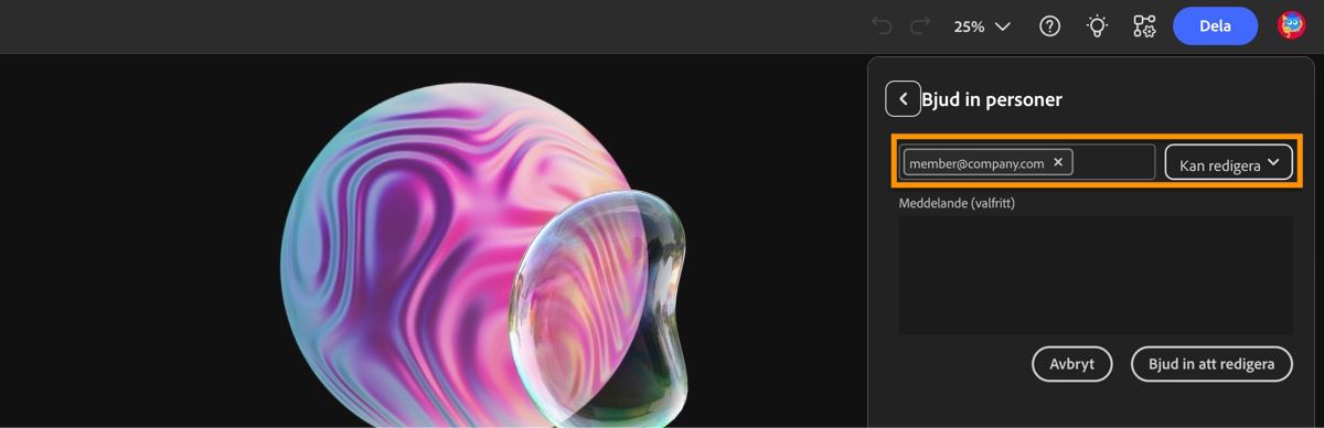 Panelen Dela fil är öppen, vilket ger ett alternativ för att lägga till e-postadresser för att bjuda in medarbetaranvändare till moodboarden.