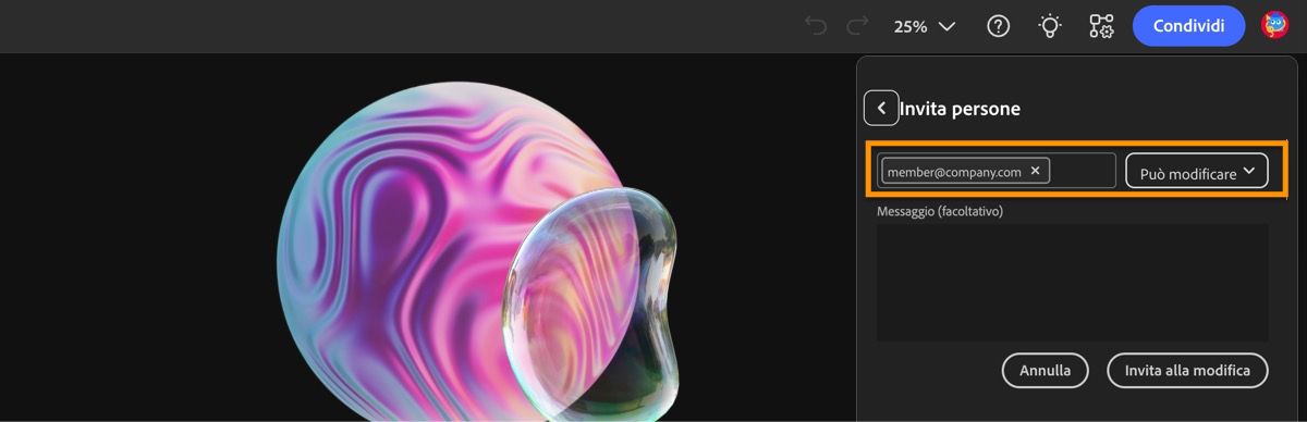 Il pannello Condividi file è aperto e offre la possibilità di aggiungere indirizzi e-mail per invitare collaboratori alla moodboard.