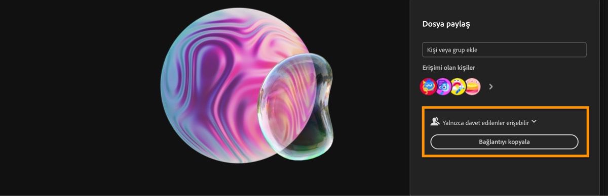 Bağlantıyı ilham panosuna kopyalamanızı ve doğrudan iş birliği yaptığınız kişiye göndermenizi sağlayan Bağlantıyı kopyala seçeneği vurgulanmıştır.