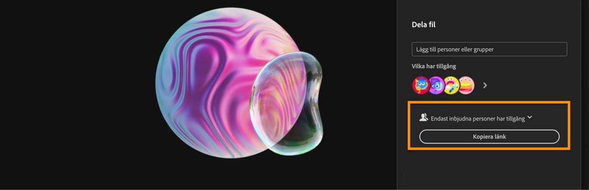 Alternativet Kopiera länk är markerat, så att du kan kopiera länken till moodboarden och skicka den direkt till medarbetaranvändaren.
