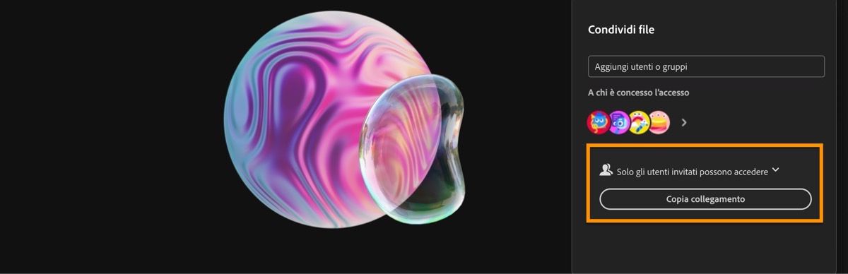 L’opzione Copia collegamento è evidenziata e consente di copiare il collegamento nella moodboard e inviarlo direttamente al collaboratore.