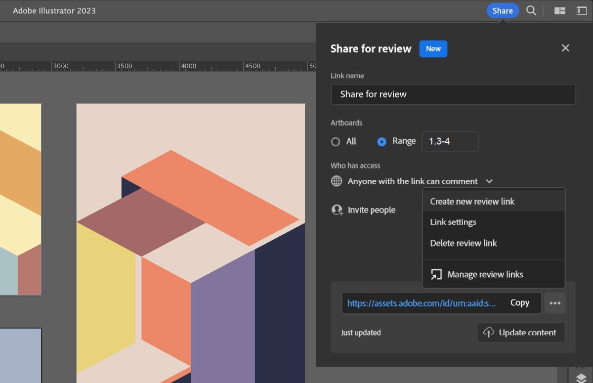 Share for review dialog with options to manage review links and adjust link settings.