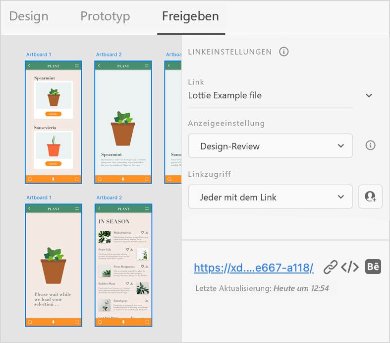Klicken Sie neben dem veröffentlichten Link auf das Behance-Symbol