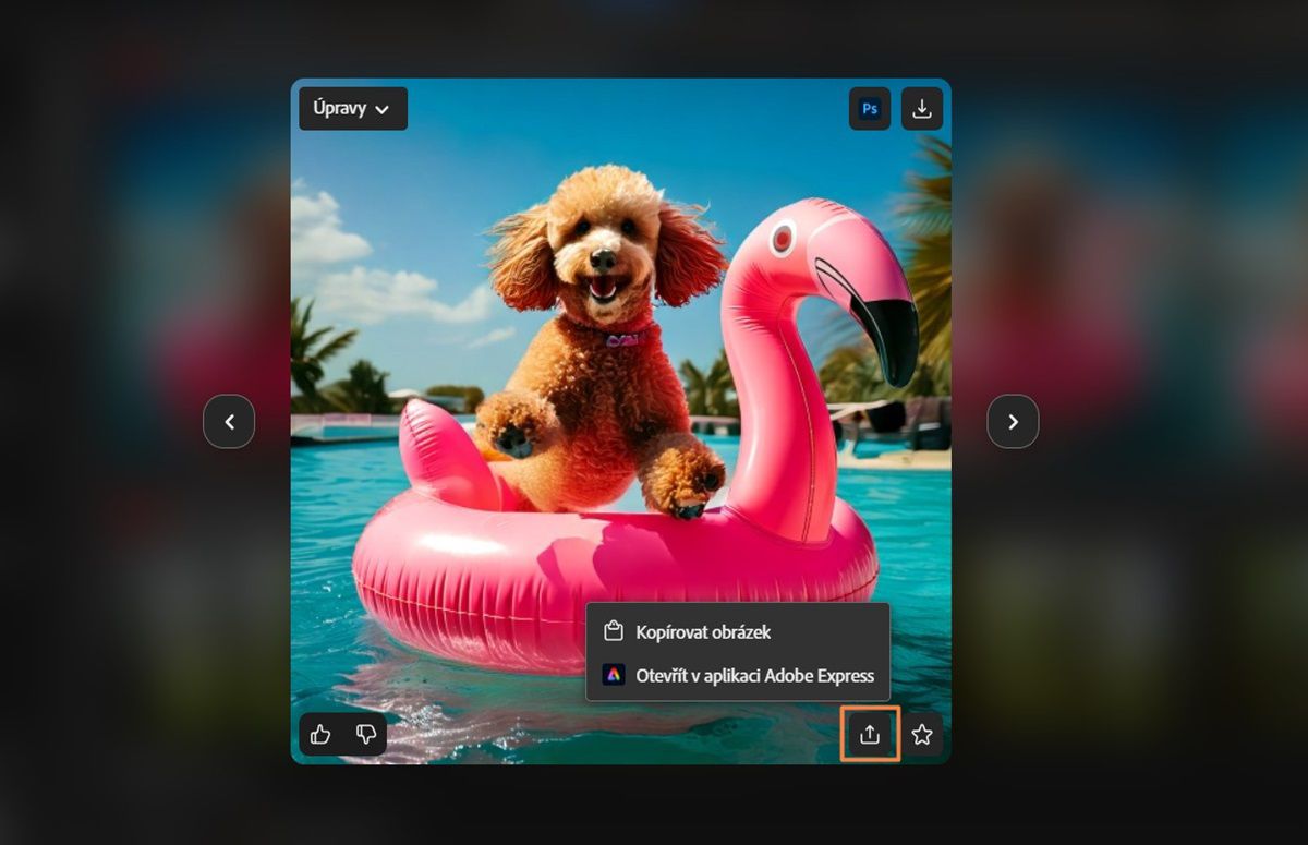 Když najedete kurzorem na snímek vygenerovaný pomocí funkce Text na obrázek, zobrazí se několik možností. Výběr ikony dalších možností nabízí možnosti stažení, kopírování odkazu k obrázku, kopírování obrázku, úpravy v aplikaci Adobe Express, odeslání do galerie komunity Firefly a uložení do knihovny. Možnost Zkopírovat odkaz k obrázku je aktuálně zvýrazněna.