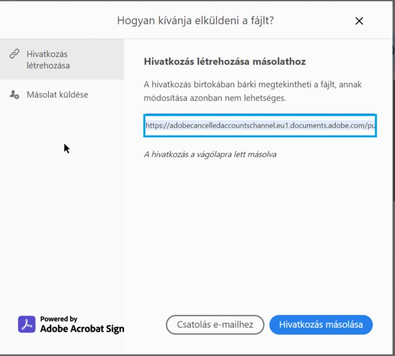 Hivatkozás másolása vagy e.mailhez csatolása