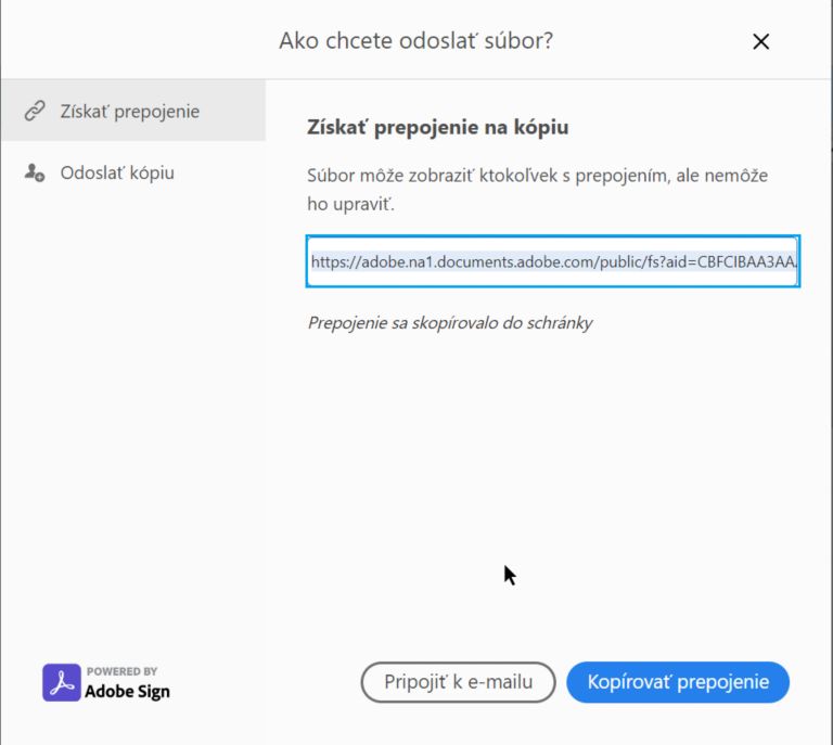 Skopírovať prepojenie alebo ho odoslať v prílohe e-mailu