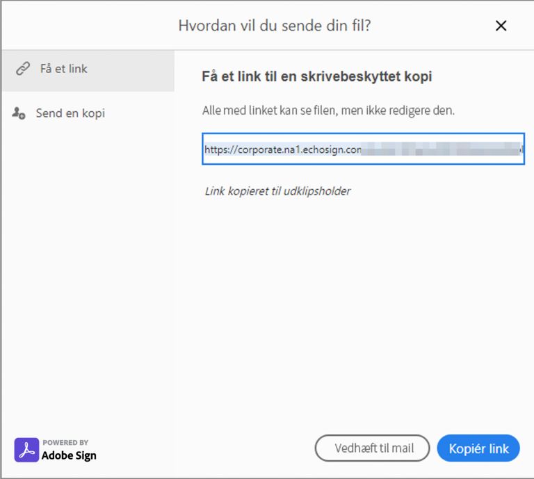 Kopiér link eller vedhæft i en mail