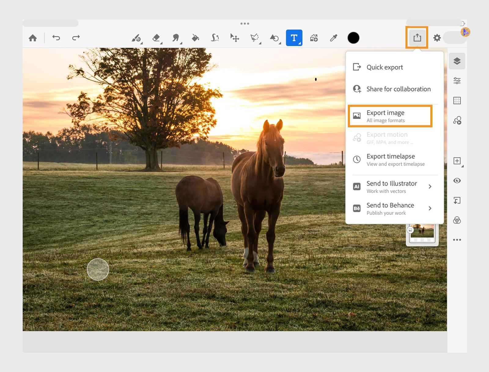Share icon menu is open with Export image option highlighted next to an image displayed on the canvas.