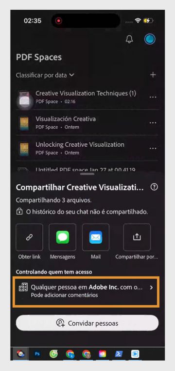 A caixa de diálogo “Compartilhar” de um PDF Space no Acrobat para dispositivos móveis exibe campos para convidar pessoas, definir níveis de acesso por link e escolher permissões dos destinatários, como adicionar arquivos, notas e comentários.
