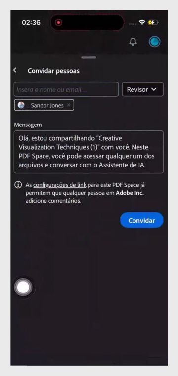 Caixa de diálogo de compartilhamento para convidar destinatários a acessarem um PDF Space, com opções de configurações de acesso e o botão “Enviar”.
