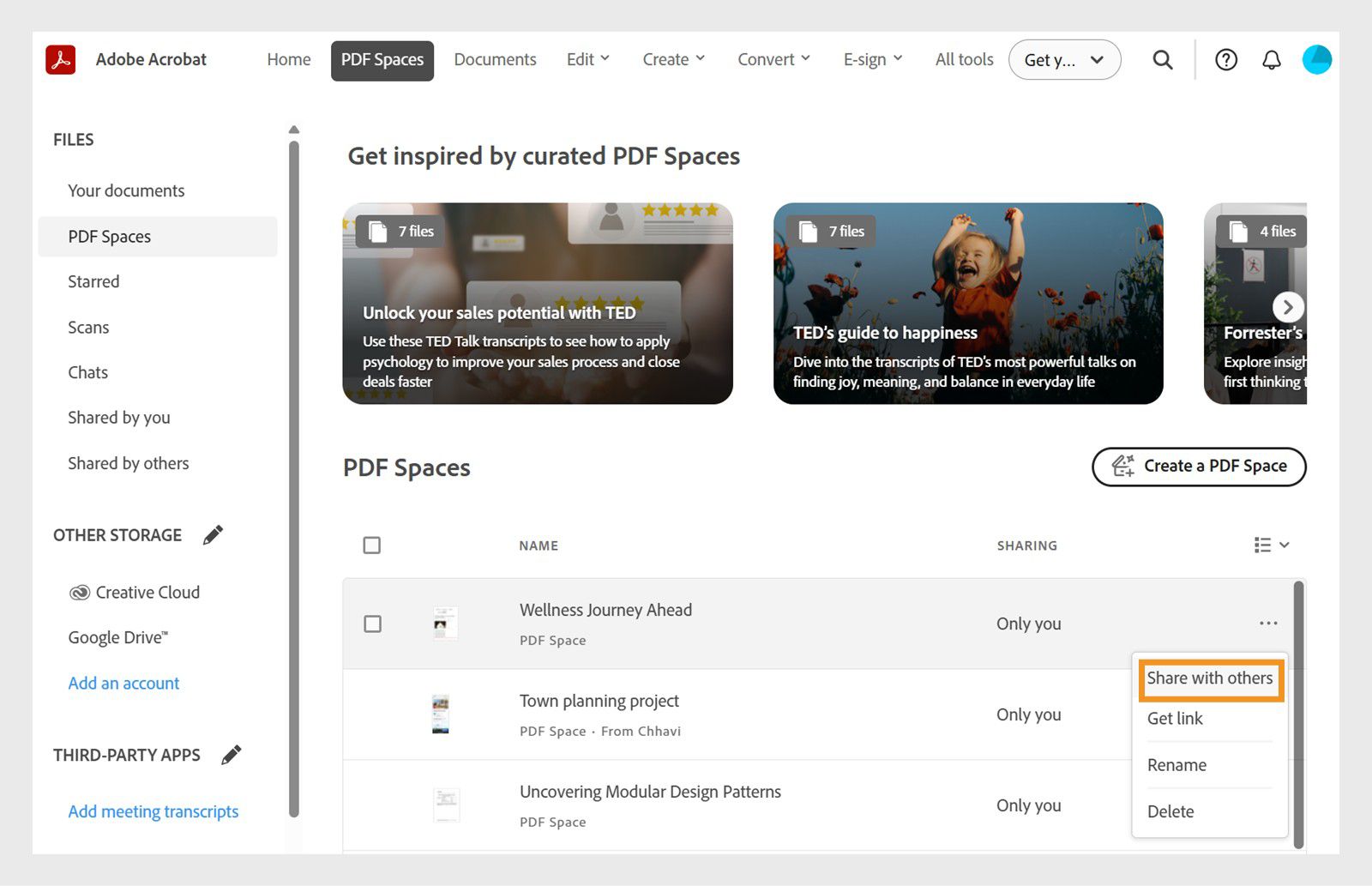 Na-hover ang PDF Space listing kung saan nakabukas ang three-dot menu at naka-highlight ang “Share with others” para sa kontrol sa pagbabahagi at access.