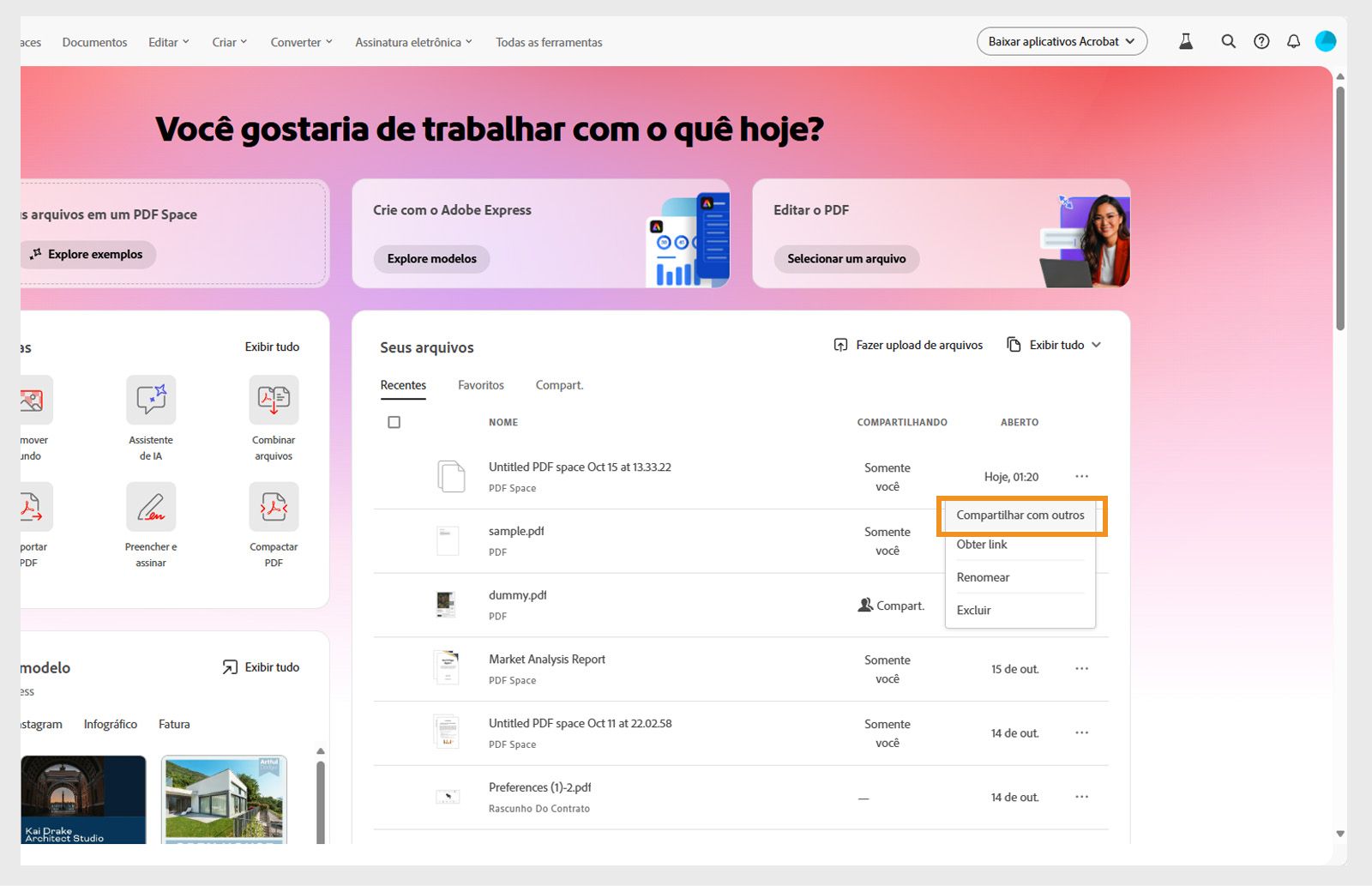 A listagem do Espaço PDF é destacada com o menu de três pontos aberto e &quot;Compartilhar com outros&quot; em destaque para compartilhamento e controle de acesso.