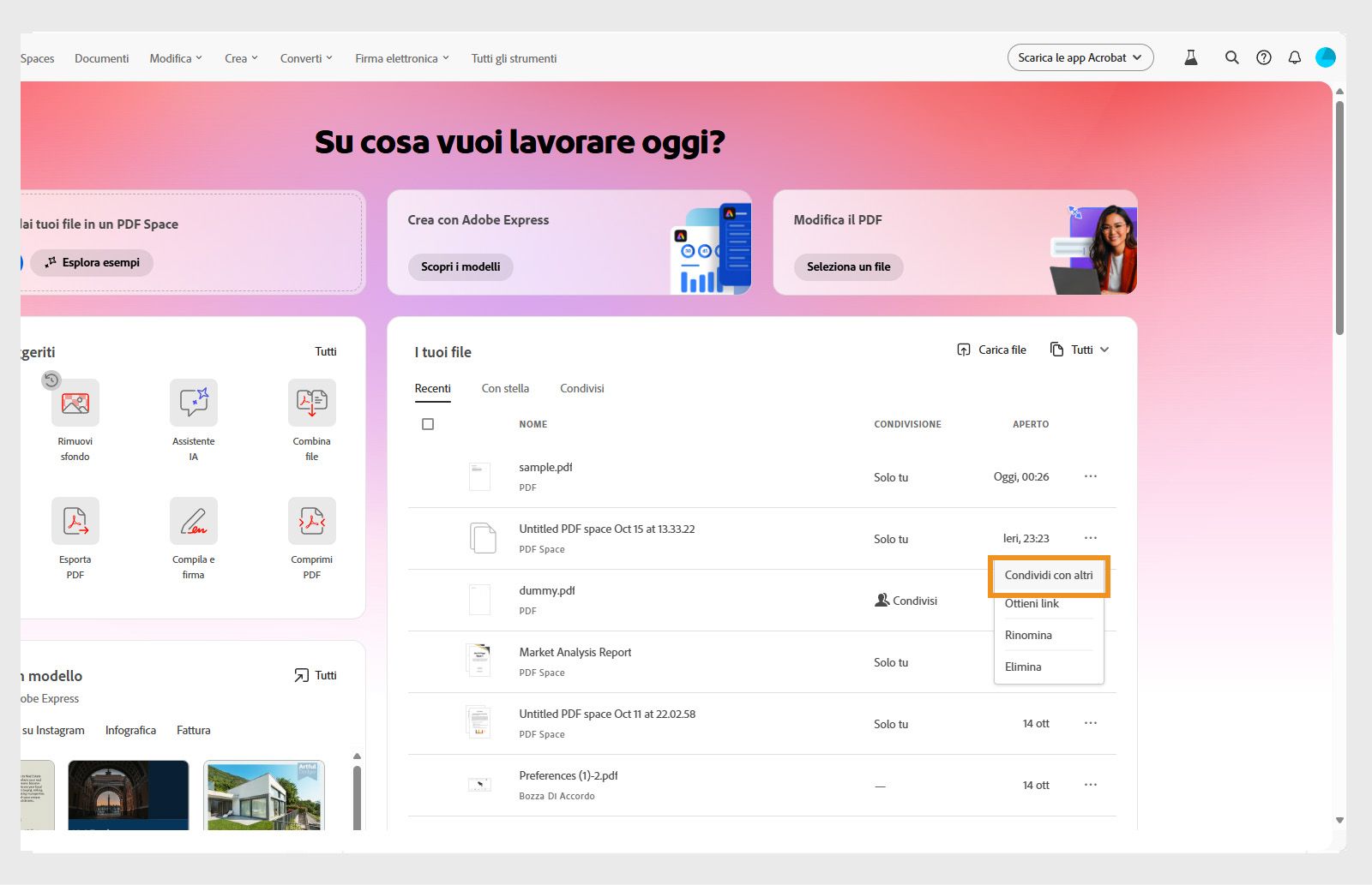 L'elenco degli Spazi PDF è evidenziato con il menu a tre punti aperto e &quot;Condividi con altri&quot; in evidenza per la condivisione e il controllo degli accessi.