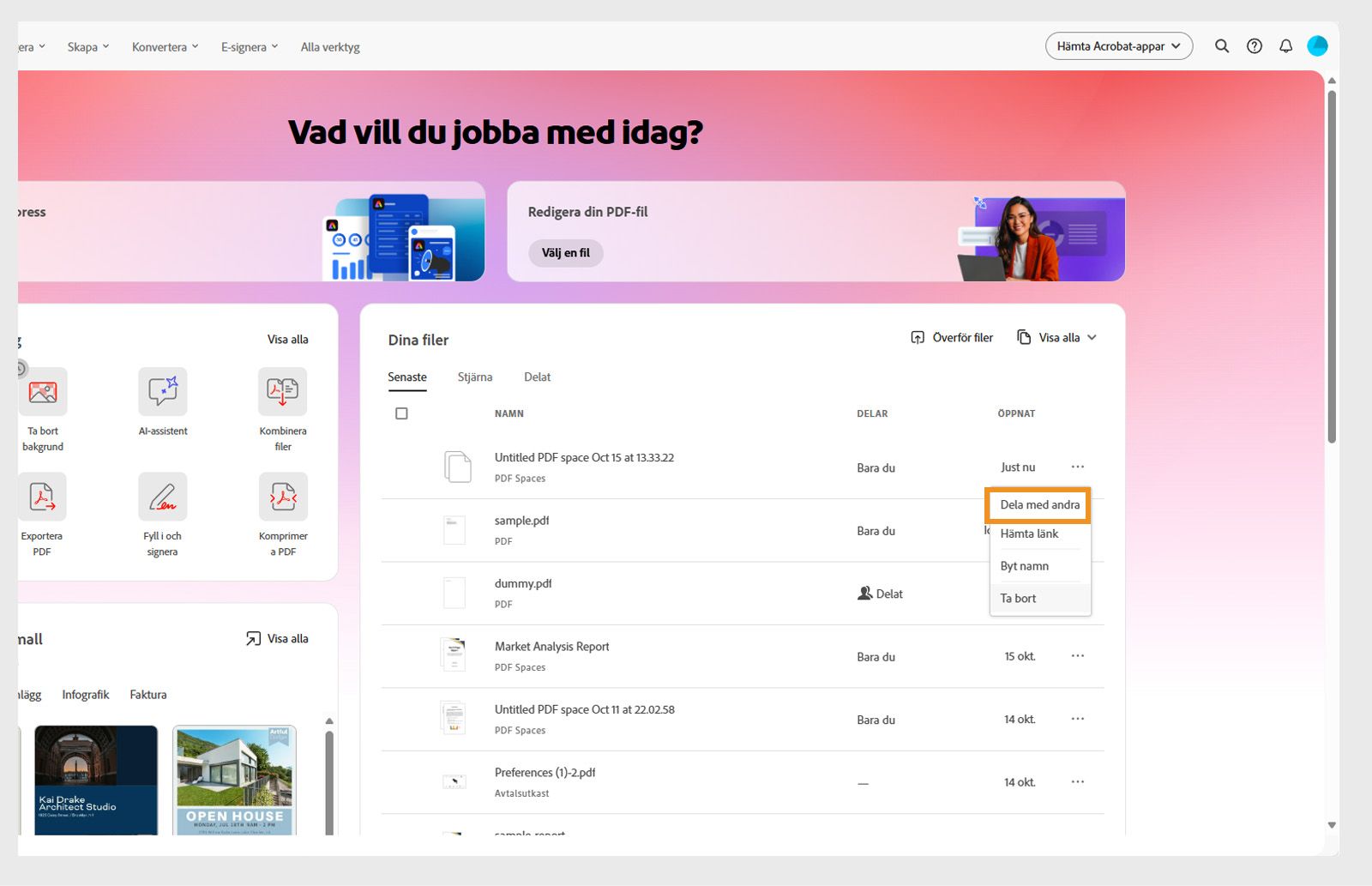 Listan i detta PDF Space visas med trepunktsmenyn öppen och ”Dela med andra” markerat för delning och åtkomstkontroll.