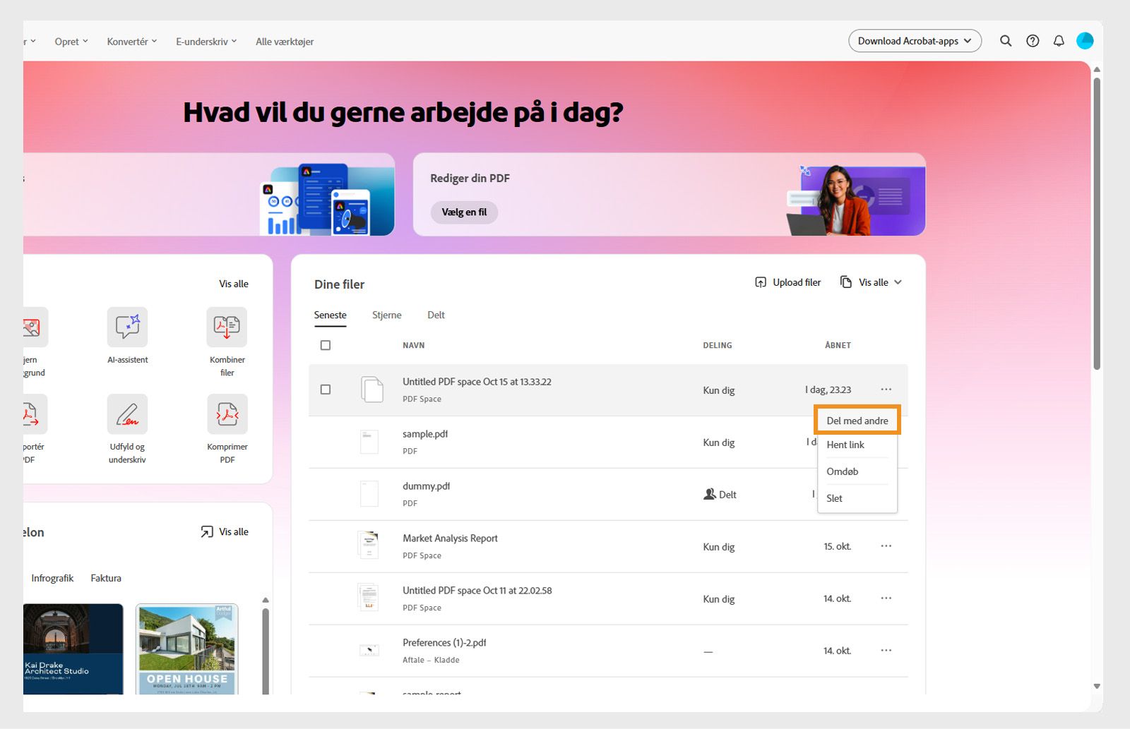 Sektion i PDF Spaces, der viser fliser for udvalgte PDF Spaces og en liste over brugerskabte PDF Spaces, hvor et er valgt med knappen Del fremhævet.
