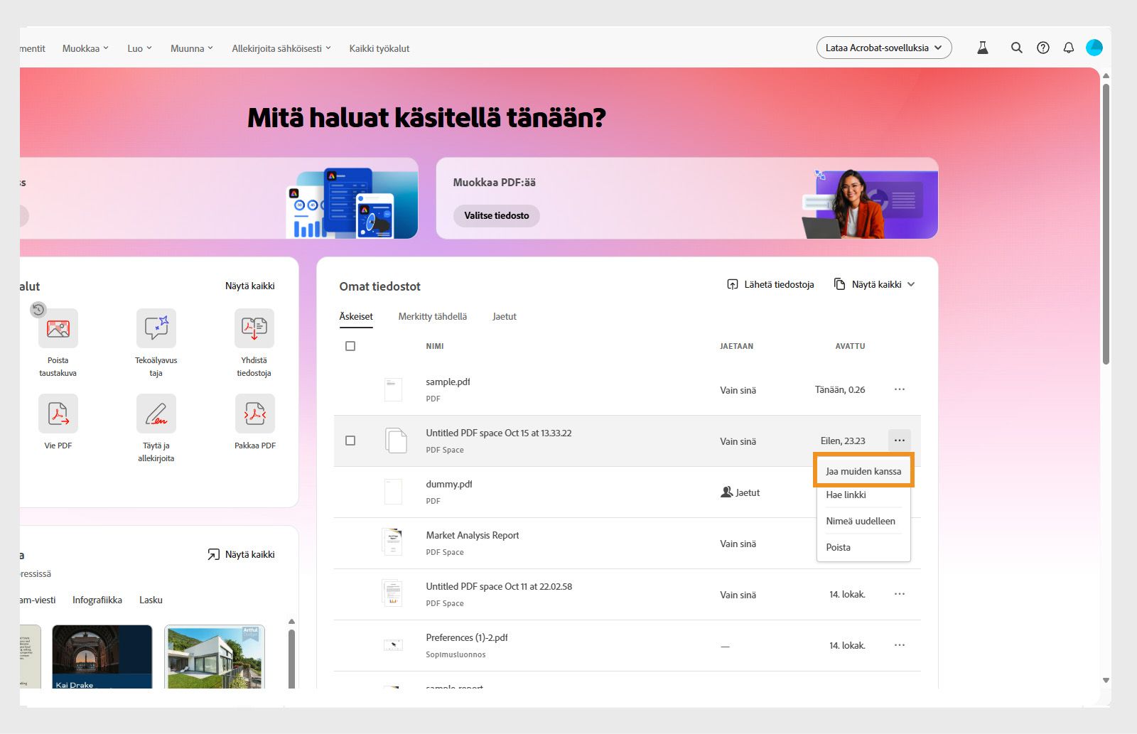 PDF-tilat-osio, jossa näkyy kuratoidut PDF-tilojen ruudut ja luettelo käyttäjän luomista PDF-tiloista, joista yksi on valittu ja Jaa-painike on korostettu.