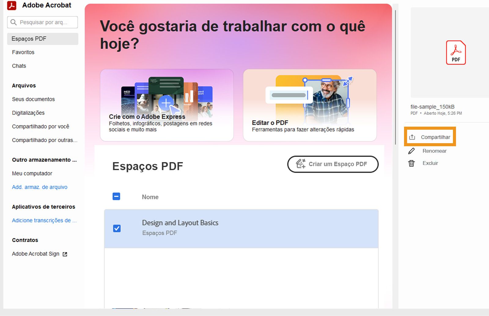 Seção PDF Spaces exibindo os blocos de PDF Spaces preparados e uma lista de PDF Spaces criados pelo usuário, onde um é selecionado com o botão Compartilhar destacado.