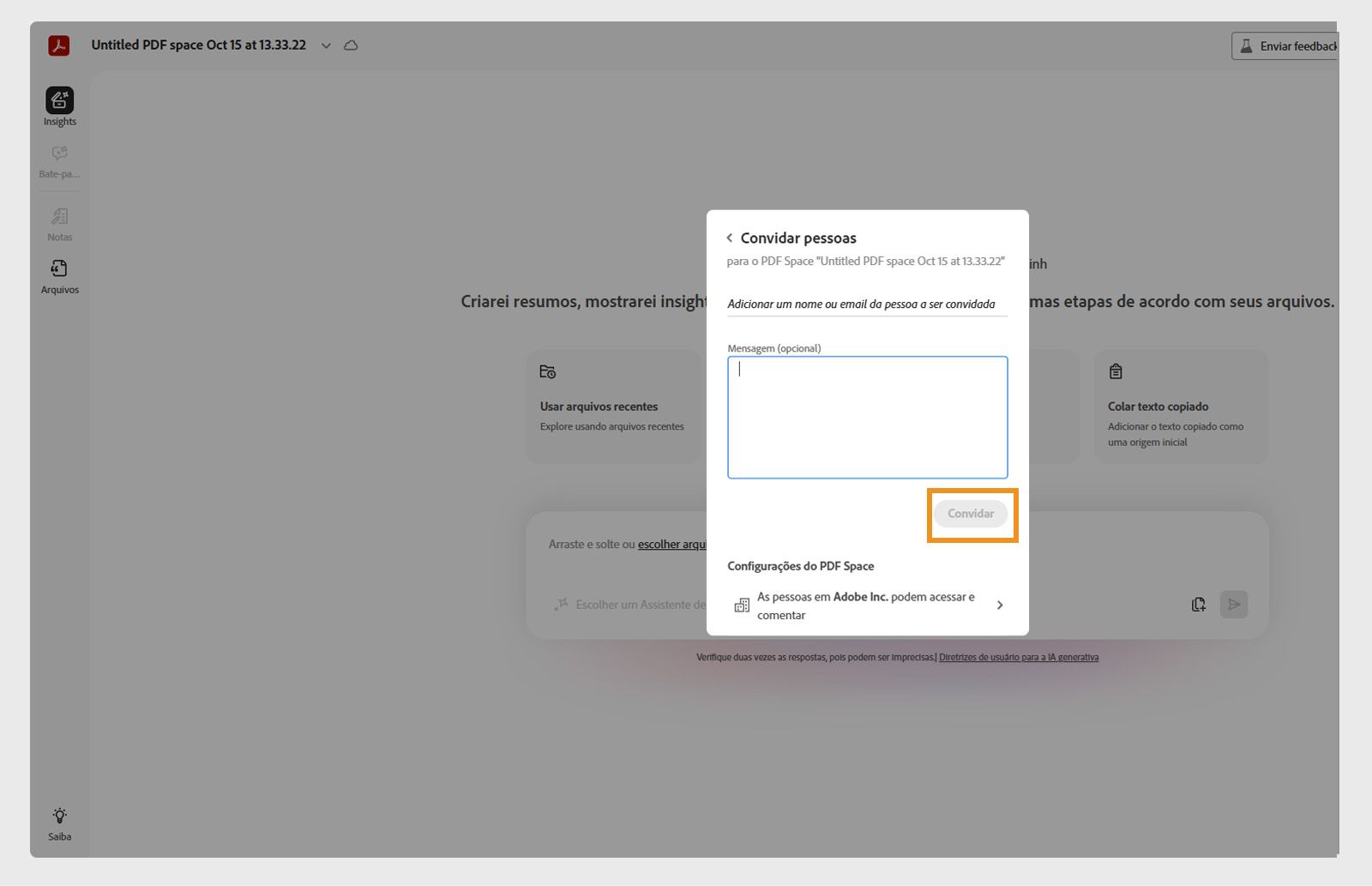 Caixa de diálogo para convidar destinatários a acessar um PDF Space, com opções de configurações de acesso e o botão Convidar para confirmação.