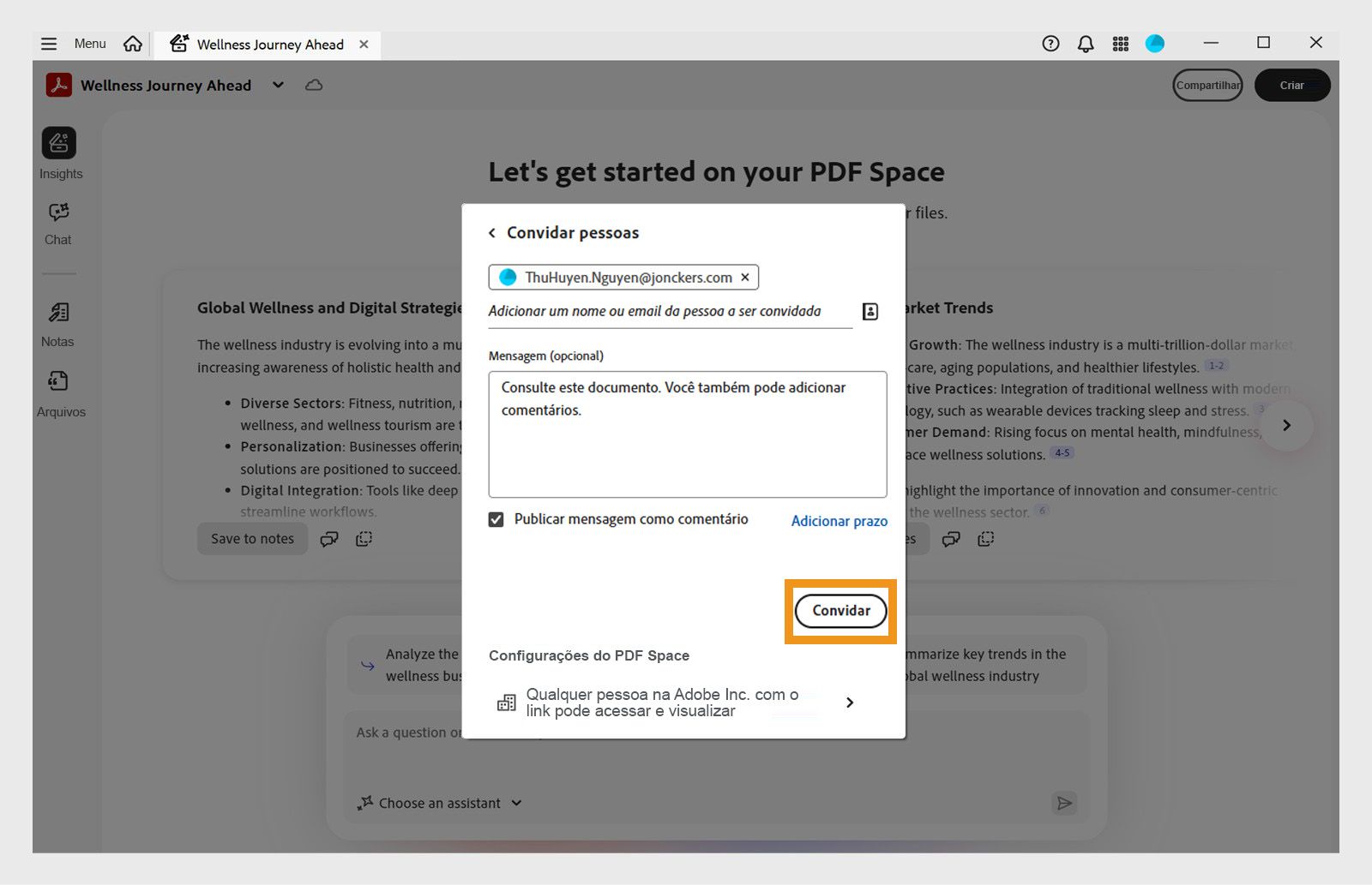 Caixa de diálogo para convidar destinatários a acessar um PDF Space, com opções de configurações de acesso e o botão Convidar para confirmação.
