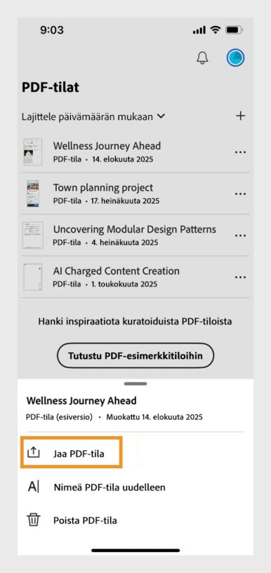 Acrobat PDF Space -sivu näyttää luettelon käyttäjän luomista projekteista, joista yksi on valittu ja &quot;Jaa PDF Space&quot; -painike on korostettu.