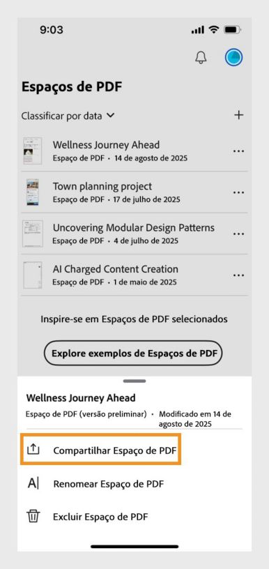 A página do PDF Space do Acrobat exibindo a lista de projetos criados pelo usuário, onde um está selecionado com o botão “Compartilhar PDF Space” destacado.