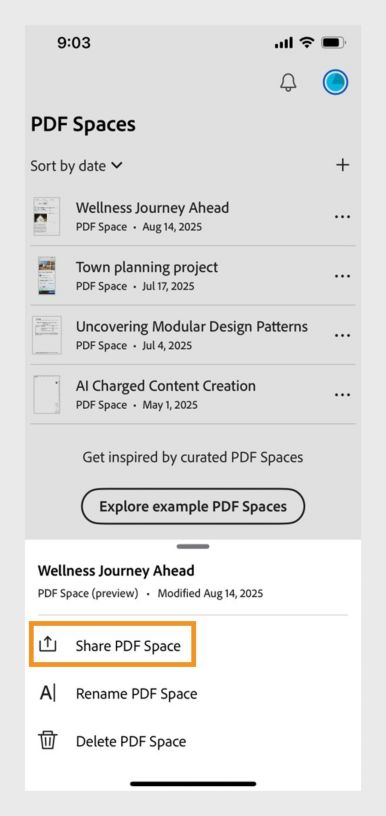 Ipinapakita ng pahina ng Acrobat PDF Space ang listahan ng mga proyektong ginawa ng user, kung saan may isang napili na may naka-highlight na button na 'Share PDF Space'.