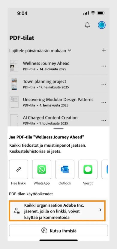 Valintaikkuna vastaanottajien kutsumiseksi PDF Space -tilan käyttöön, jossa on käyttöoikeusasetusvaihtoehdot ja Kutsu ihmisiä -painike vahvistusta varten.