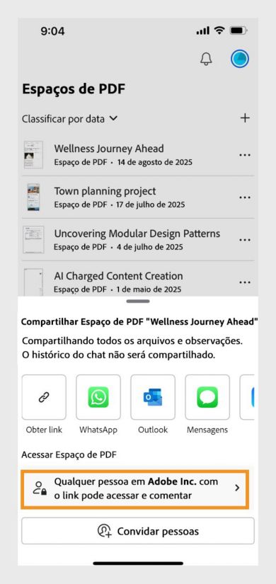 Caixa de diálogo para convidar destinatários a acessar um PDF Space, com opções de configurações de acesso e o botão &quot;Convidar pessoas&quot;.