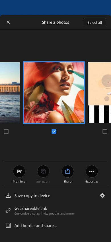 Photos in a single view of an album is displayed. Select All button to select all the photos of an album.