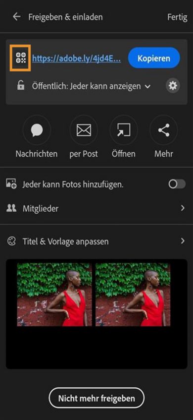 Im oberen Bereich wird ein Link mit Optionen zum Kopieren der URL oder des QR-Codes und zum Freigeben über WhatsApp, Message oder weitere Apps angezeigt. Unten findest du Umschalttasten, um anderen zu erlauben, Fotos hinzuzufügen und zum Einladen von Personen. Im unteren Abschnitt wird eine Vorschau der freigegebenen Fotos angezeigt.