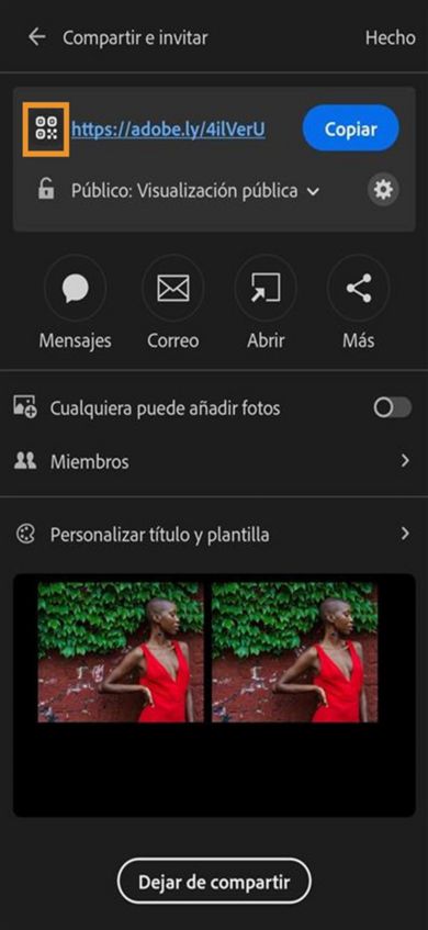 La sección superior muestra un enlace con opciones para copiar la URL, el código QR o compartir mediante WhatsApp, mensaje u otras aplicaciones. A continuación se muestran los conmutadores para permitir que otros usuarios agreguen fotos e inviten a personas. La sección inferior muestra una vista previa de las fotografías compartidas.