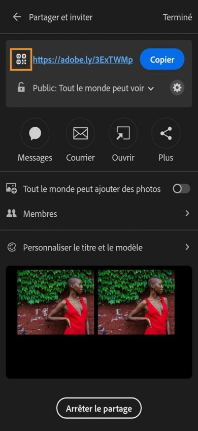 La section supérieure affiche un lien avec des options pour copier l’URL, le code QR, partager via WhatsApp, Message ou d’autres applications. Ci-dessous figurent des boutons bascule permettant aux autres utilisateurs d’ajouter des photos et d’inviter des personnes. La section inférieure affiche un aperçu des photos partagées.