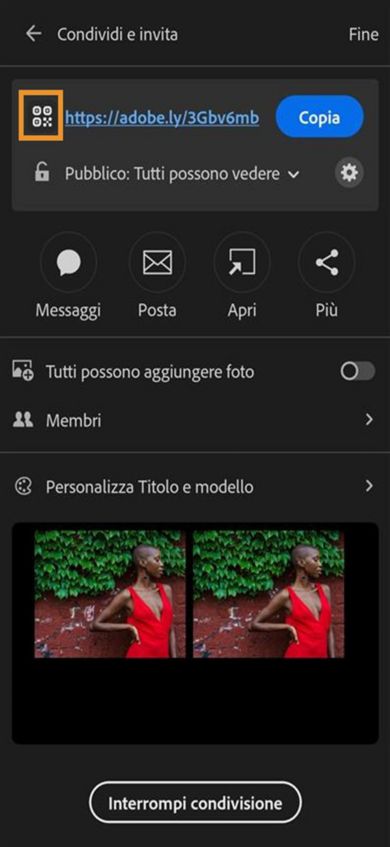 Nella sezione in alto è visualizzato un collegamento con le opzioni per copiare l’URL, il codice QR e varie opzioni per condividere le foto tramite WhatsApp, Message o altre app. Di seguito sono riportati i comandi per consentire ad altri di aggiungere foto e invitare persone. Nella sezione inferiore viene visualizzata un’anteprima delle foto condivise.